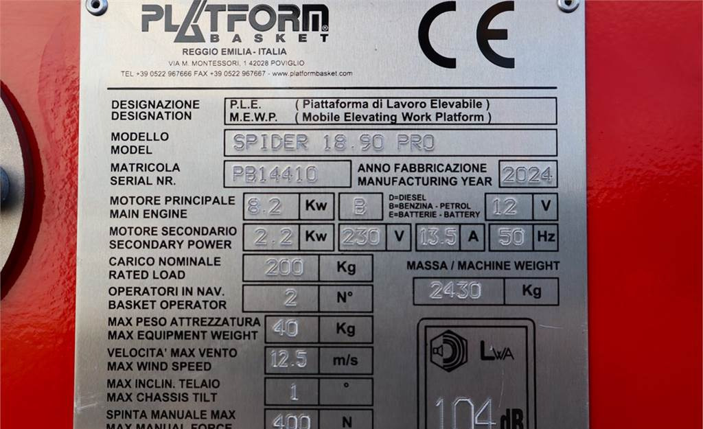 Подъёмник PLATFORM BAS Spider 18.90 PRO CE Declaration, Vali: фото 7