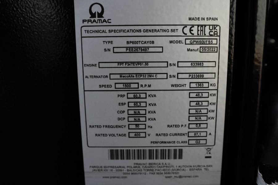 Pramac GPW60I/FS5 Diesel, 60 kVA, Also Available For Rent - Электрогенератор: фото 5 Pramac GPW60I/FS5 Diesel, 60 kVA, Also Available For Rent - Электрогенератор: фото 5