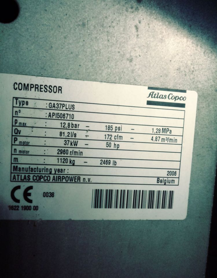 Kompresor Atlas Copco Atlas Copco GA37 Plus 2006 Kompresor sprężarka śrubowa - Воздушный компрессор: фото 3 Kompresor Atlas Copco Atlas Copco GA37 Plus 2006 Kompresor sprężarka śrubowa - Воздушный компрессор: фото 3