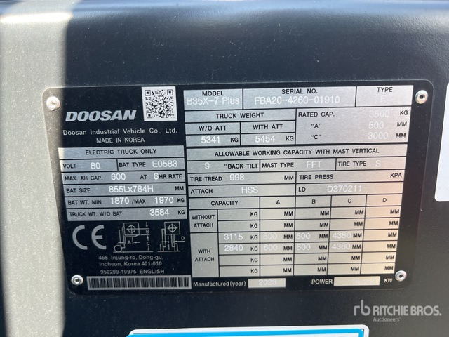 2024 Doosan B35X-7 PLUS MAST - FFT, MFH 4380, OAL (Unused) Electric Forklift - Электропогрузчик: фото 4 2024 Doosan B35X-7 PLUS MAST - FFT, MFH 4380, OAL (Unused) Electric Forklift - Электропогрузчик: фото 4