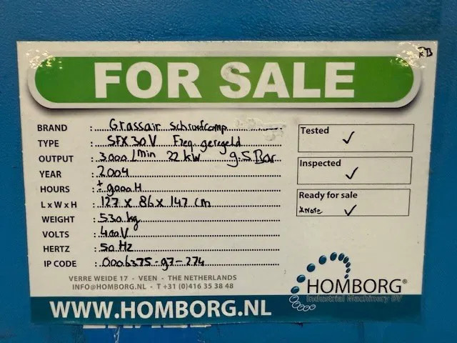 Воздушный компрессор Grassair SFX30V - 3000 L/min 9,5 Bar 22 KW Frequentiegeregelde schroefcompressor: фото 10